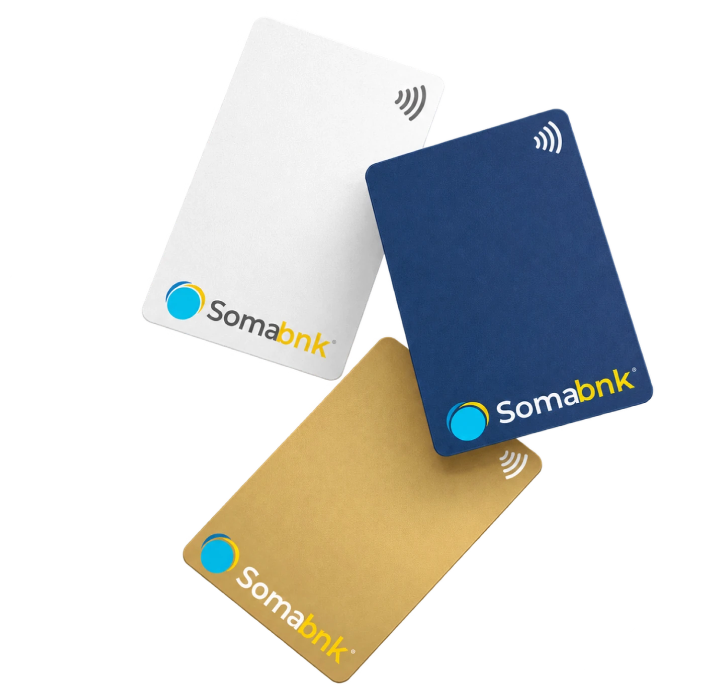 Cartões SomaCard nas versões branca, azul e dourada